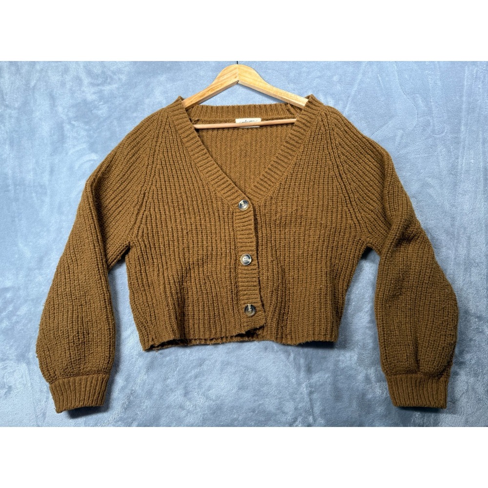 Carly Jean Los Angeles Cardigan Sweater Women Small Brown Crop Knit Button Front